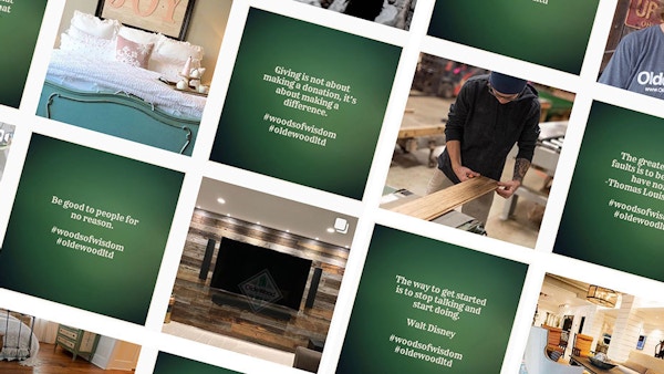 There is a display of multiple squares, some with quotes, and others with people working on construction projects.