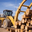 A construction vehicle is moving a pile of logs.