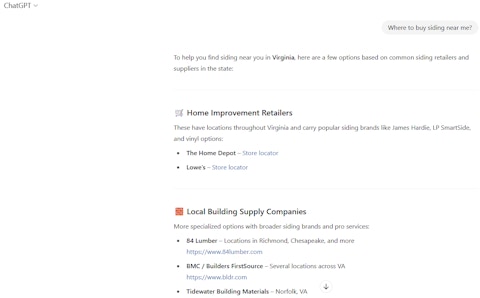 A screenshot of a ChatGPT answer listing siding suppliers in Virginia.