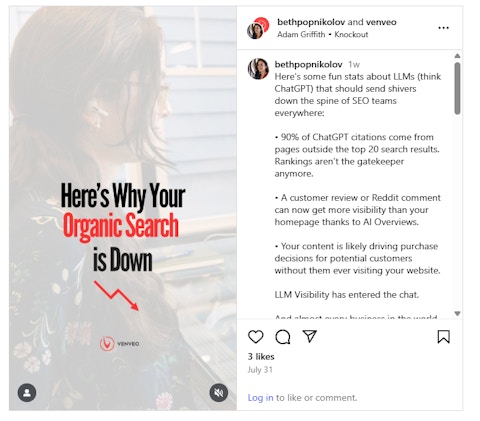 A Venveo Instagram post discusses the decline in organic search traffic.