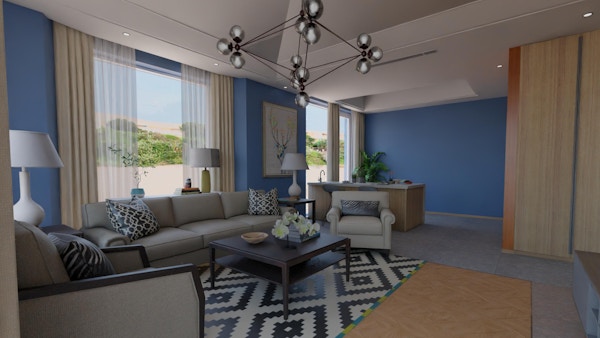 There is a blue living room with a coach and open windows. A table sits in the middle.